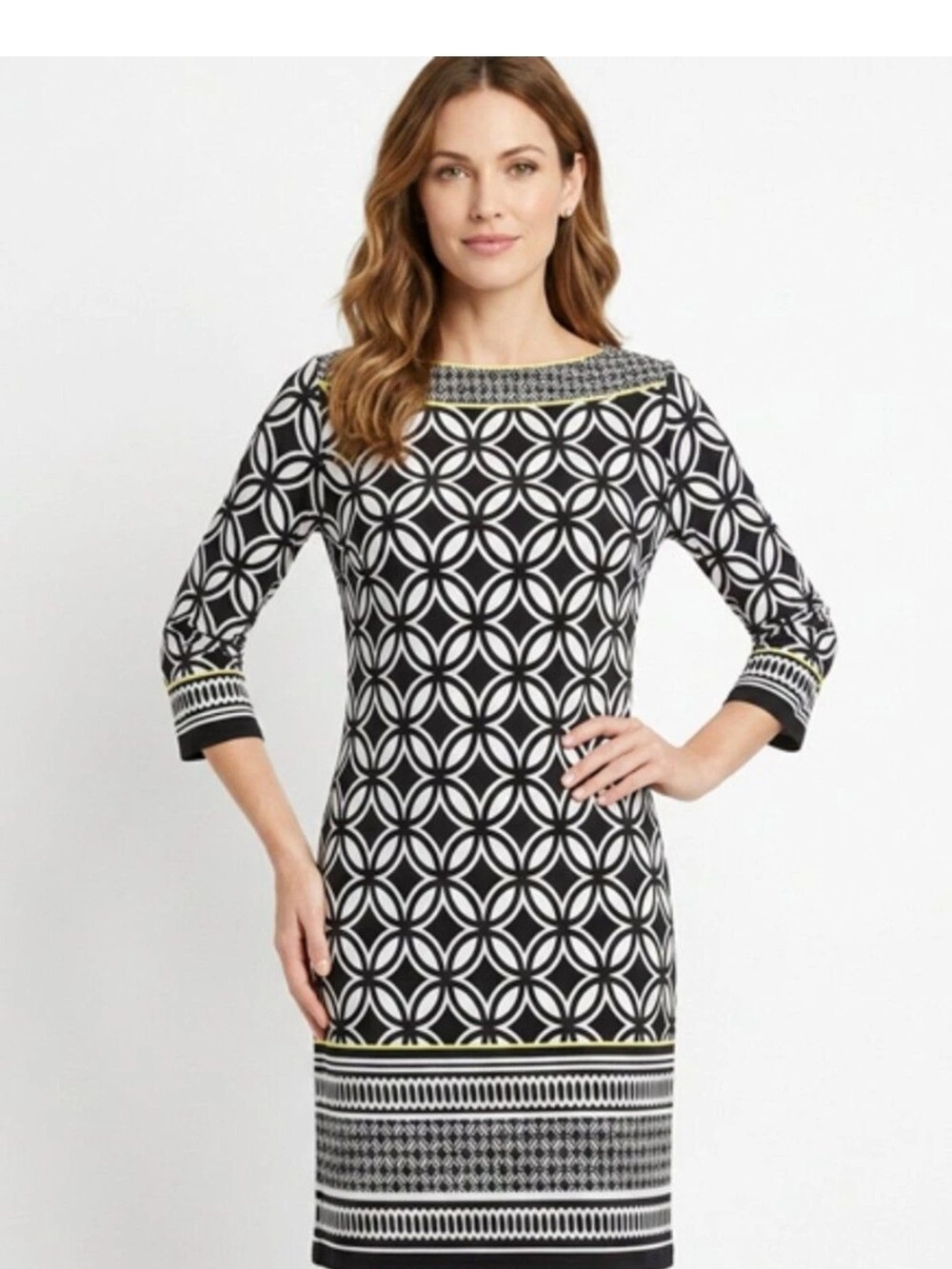 Studio 1 New York Large Black White Geometric 3/4 length Sleeve Shift Dress Sz L